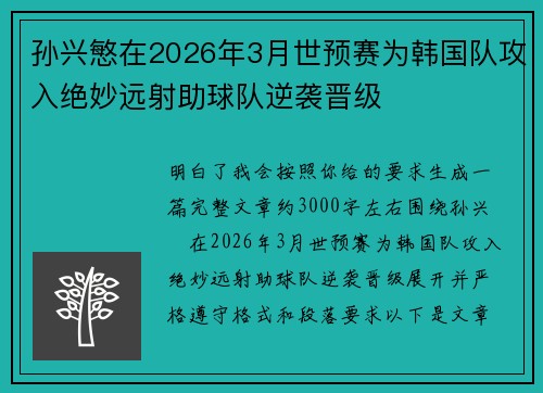 孙兴慜在2026年3月世预赛为韩国队攻入绝妙远射助球队逆袭晋级 孙兴慜在2026年3月世预赛为韩国队攻入绝妙远射助球队逆袭晋级